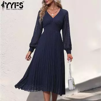YYFS женские модные весенне-осенние однотонные повседневные платья с длинным рукавом и v-образным вырезом с принтом S чёрный