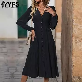 YYFS женские модные весенне-осенние однотонные повседневные платья с длинным рукавом и v-образным вырезом со средней талией S чёрный