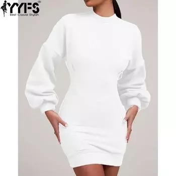 YYFS женские модные весенне-осенние однотонные повседневные платья с длинным рукавом и круглым вырезом с высокой талией и принтом S белый