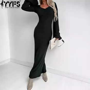 YYFS женские модные весенне-осенние однотонные повседневные платья с длинным рукавом и v-образным вырезом со средней талией S чёрный