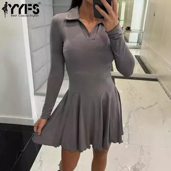 YYFS женские модные весенне-осенние однотонные повседневные платья с длинными рукавами и воротником-поло с принтом S серый