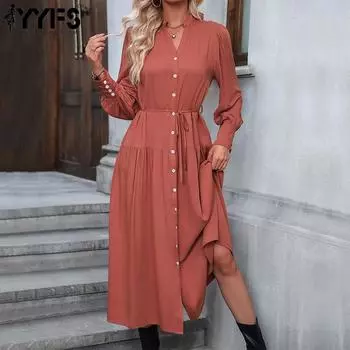 YYFS женские модные весенне-осенние однотонные повседневные платья с длинным рукавом и v-образным вырезом с принтом S оранжевый
