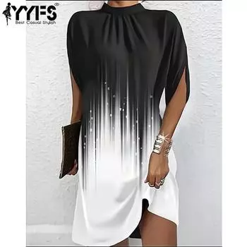 YYFS женские модные весенне-осенние однотонные повседневные платья с короткими рукавами и круглым вырезом с принтом
