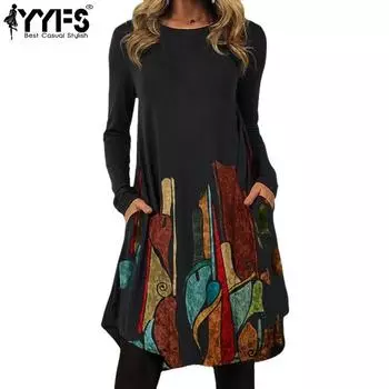 YYFS Женские модные весенне-осенние повседневные платья с длинным рукавом и круглым вырезом S