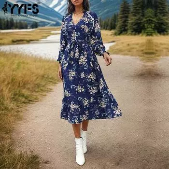 YYFS женские модные весенне-осенние повседневные платья с цветочным узором и длинными рукавами и v-образным вырезом и высокой талией S темно-синий