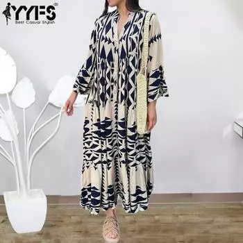 YYFS женские модные весенне-осенние повседневные платья в богемном стиле с длинным рукавом и v-образным вырезом со средней талией S чёрный