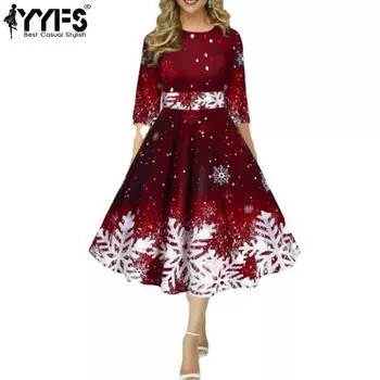 YYFS женские модные весенне-осенние повседневные платья с круглым вырезом и высокой талией, рукавами 3/4 и снежинками