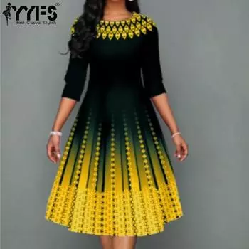 YYFS женские модные весенне-осенние повседневные платья с круглым вырезом и рукавами 1/2 со средней талией S золотой