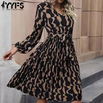 YYFS Женские модные весенне-осенние повседневные платья с длинным рукавом и v-образным вырезом S коричневый