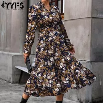 YYFS женские модные весенне-осенние повседневные платья с цветочным узором и длинными рукавами и v-образным вырезом со средней талией S темно-синий