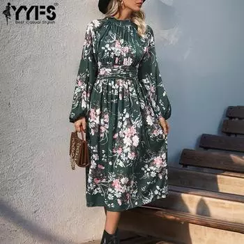 YYFS женские модные весенне-осенние повседневные платья с цветочным узором и длинными рукавами и воротником-стойкой и высокой талией S
