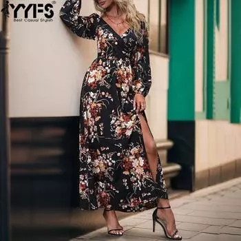 YYFS женские модные весенне-осенние повседневные платья с цветочным узором и длинными рукавами и v-образным вырезом и высокой талией S чёрный