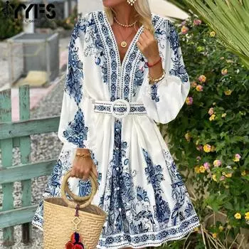 YYFS женские модные весенне-осенние повседневные платья с цветочным узором и длинными рукавами и v-образным вырезом и высокой талией S синий
