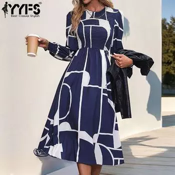 YYFS женские модные весенне-осенние повседневные платья с геометрическим принтом и длинным рукавом и круглым вырезом с высокой талией S