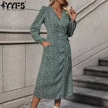 YYFS женские модные весенне-осенние повседневные платья с цветочным узором и длинными рукавами и v-образным вырезом и высокой талией S зелёный