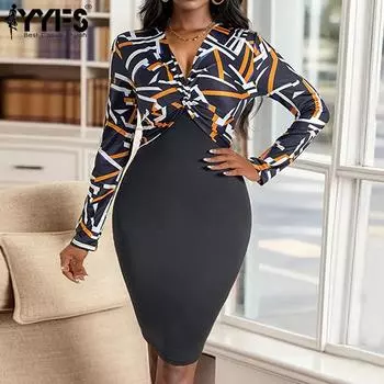 YYFS женские модные весенне-осенние повседневные платья с геометрическим принтом и длинным рукавом, v-образным вырезом и высокой талией S чёрный