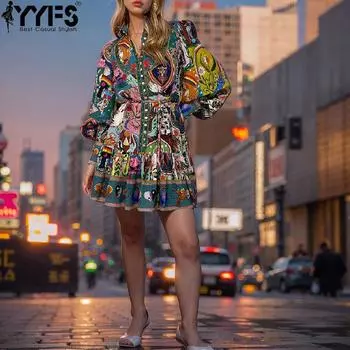 YYFS женские модные весенне-осенние повседневные платья с цветочным узором и длинными рукавами и воротником-стойкой и высокой талией S
