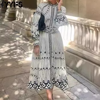 YYFS женские модные весенне-осенние повседневные платья с цветочным узором и длинными рукавами и воротником-стойкой и высокой талией S белый
