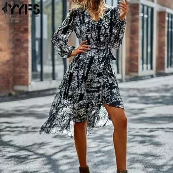 YYFS женские модные весенне-осенние повседневные платья с цветочным узором и длинными рукавами и v-образным вырезом и высокой талией S чёрный
