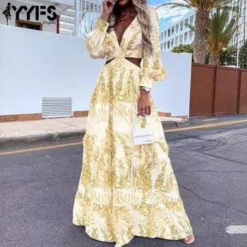 YYFS женские модные весенне-осенние повседневные платья с цветочным узором и длинными рукавами и v-образным вырезом и высокой талией S жёлтый
