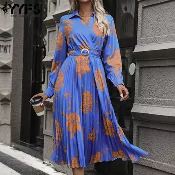 YYFS женские модные весенне-осенние повседневные платья с цветочным узором и принтом, поло с длинными рукавами и вырезом средней талии S синий