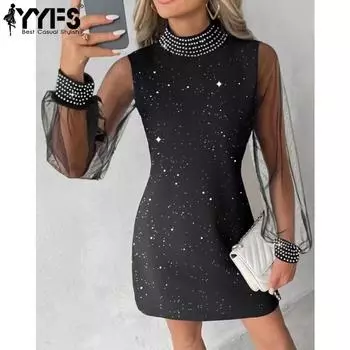 YYFS Женские модные весенне-осенние повседневные платья с длинным рукавом и круглым вырезом