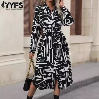 YYFS женские модные весенне-осенние повседневные платья в полоску с длинным рукавом и поло со средней талией S чёрный