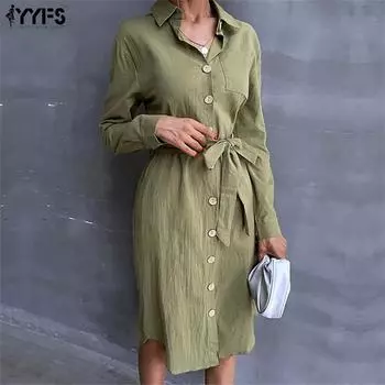 YYFS женские модные зеленые однотонные принты с длинными рукавами и воротником-поло, тонкие повседневные платья S зелёный