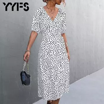 YYFS женские модные летние весенние повседневные платья с цветочным узором и коротким рукавом с v-образным вырезом и высокой талией S