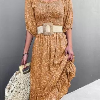 YYFS женские модные летние весенние повседневные платья с цветочным узором и коротким рукавом с квадратным воротником и высокой талией S