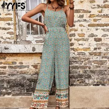 YYFS женские винтажные богемные брюки с цветочным принтом, летние и весенние брюки без рукавов на подтяжках, комбинезоны и комбинезоны S зелёный