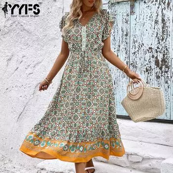 YYFS женские винтажные богемные летние весенние повседневные платья с короткими рукавами и v-образным вырезом S жёлтый