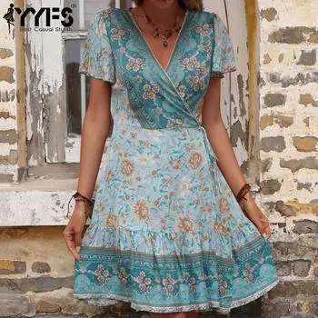 YYFS женские винтажные богемные летние весенние повседневные платья с короткими рукавами и v-образным вырезом с цветочным принтом L зелёный