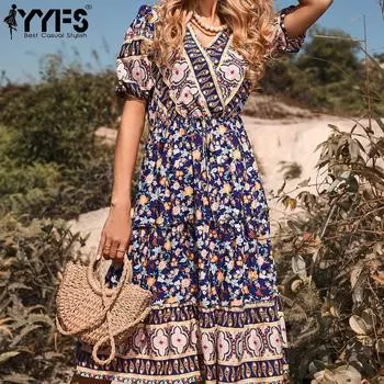 YYFS женские винтажные богемные летние весенние повседневные платья с короткими рукавами и v-образным вырезом с цветочным принтом XL королевский синий