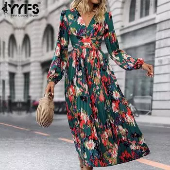 YYFS женские винтажные богемные летние весенние повседневные платья с длинным рукавом и v-образным вырезом S зелёный