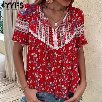 YYFS женские винтажные богемные повседневные блузки и рубашки с коротким рукавом и круглым вырезом с цветочным принтом