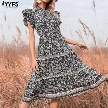 YYFS женские винтажные летние повседневные платья с цветочным принтом и коротким рукавом с v-образным вырезом S чёрный