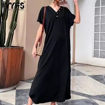 YYFS женские винтажные летние весенние однотонные свободные повседневные платья с короткими рукавами и v-образным вырезом S чёрный
