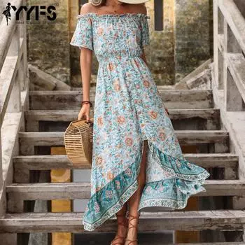 YYFS женские винтажные летние весенние повседневные платья с коротким рукавом и высокой талией с цветочным принтом S зелёный