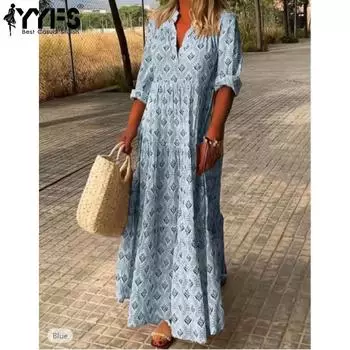 YYFS Женская винтажная мода лето весна геометрический принт длинный рукав поло воротник средняя талия повседневные платья S розовый