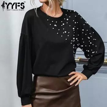 YYFS женские винтажные повседневные блузки и рубашки с круглым вырезом и длинными рукавами S чёрный