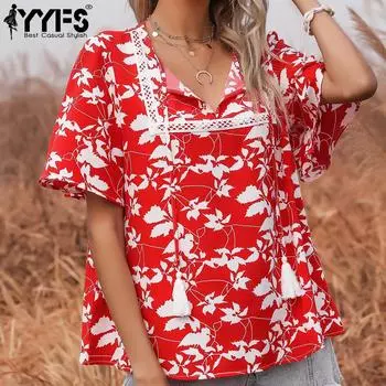YYFS женские винтажные повседневные блузки и рубашки с короткими рукавами и v-образным вырезом с принтом листьев S красный