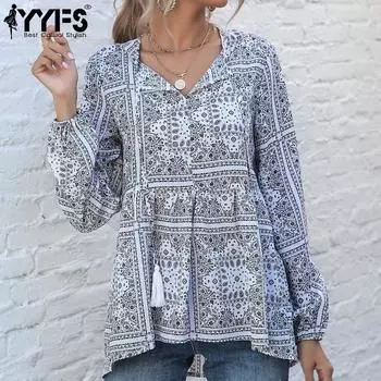 YYFS женские винтажные повседневные блузки и рубашки с длинным рукавом и v-образным вырезом в богемном стиле S белый