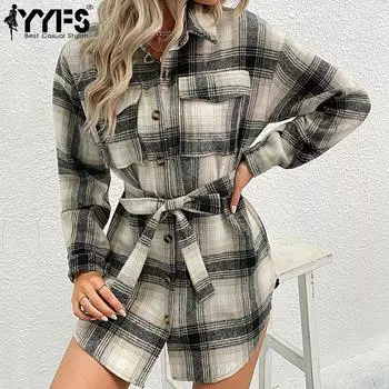 YYFS женские винтажные повседневные куртки и пальто с решетчатым принтом осень-зима с длинными рукавами и воротником-поло S чёрный