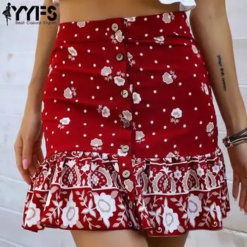 YYFS женские винтажные повседневные летние весенние юбки в богемном стиле с цветочным принтом S красный
