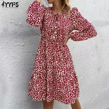 YYFS женские винтажные повседневные платья с цветочным принтом и длинным рукавом с круглым вырезом S красный