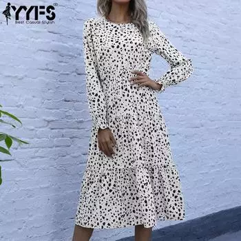 YYFS женские винтажные повседневные платья с леопардовым принтом, лето-весна, с длинным рукавом и круглым вырезом, с высокой талией S белый