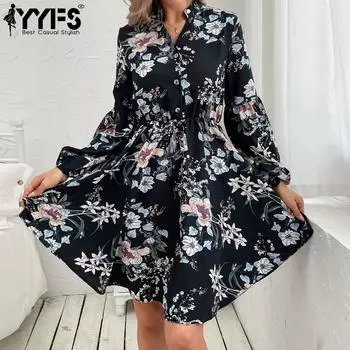 YYFS женские винтажные повседневные платья с цветочным принтом и длинным рукавом, v-образным вырезом и высокой талией M чёрный