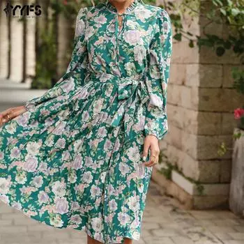 YYFS женские винтажные повседневные платья с цветочным принтом и длинным рукавом с круглым вырезом S зелёный