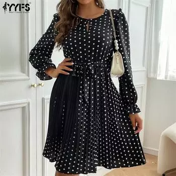 YYFS женские винтажные повседневные платья с круглым вырезом и осенне-зимним принтом в горошек с длинными рукавами S чёрный